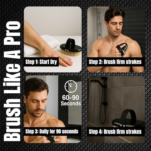 Dry Brush for Men ? Firm bristles, Black Non-Slip Handle, exfoliating Body Tool for Dry Brushing and Lymphatic Drainage