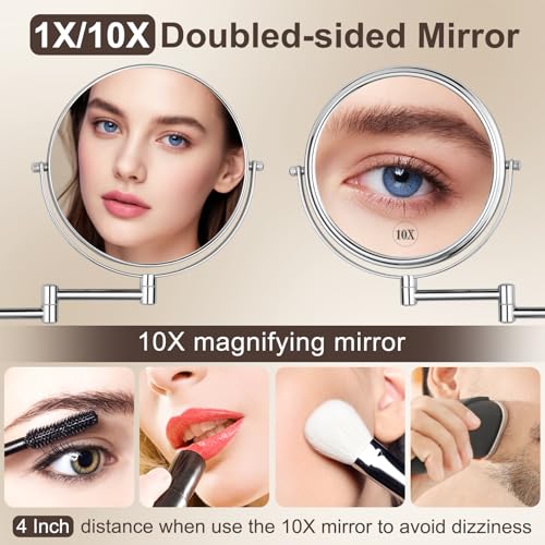 DECLUTTR 8 Inch Wall Mounted Magnifying Mirror with 10x Magnification, Double Sided Vanity Makeup Mirror for Bathroom, Chrome Finished