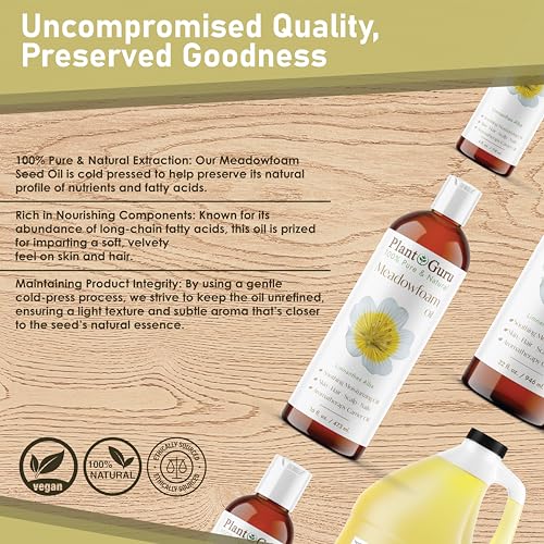 Plant Guru Meadowfoam Oil 8 fl. oz. Cold Pressed 100% Pure Natural Carrier ? Skin, Face, Body, and Hair Moisturizer. Ideal for DIY Creams, Lotions, and Lip Balms