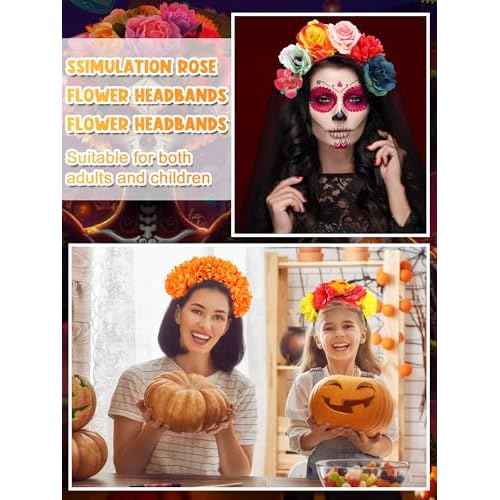 Zeyune Mexican Flower Headband Fiesta Rose Flower Crown Costume Mexican Headpiece for Women Party Cosplay Halloween(Bright Color,8 Pcs)