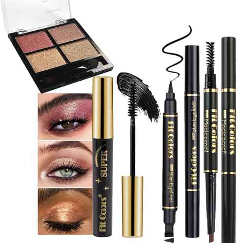 4-in-1 Eye Makeup Kit 4 Colors Eyeshadow Palette Black Liqiud Eyeliner with Stamp and Double-headed Brown Eyebrow Pencil Set for Women Beginners Gift (03)
