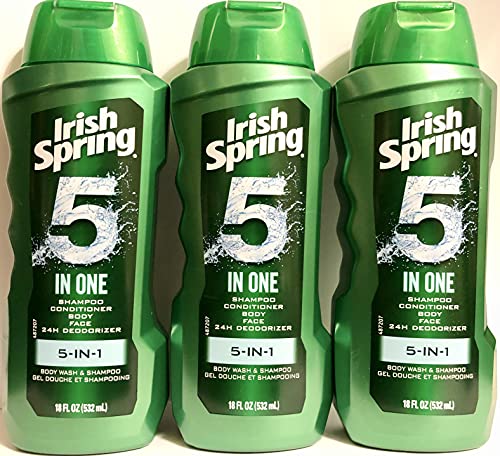 Irish Spring Body Wash & Shampoo - 5 in 1 - Net Wt. 18 FL OZ (532 mL) Per Bottle - Pack of 3 Bottles