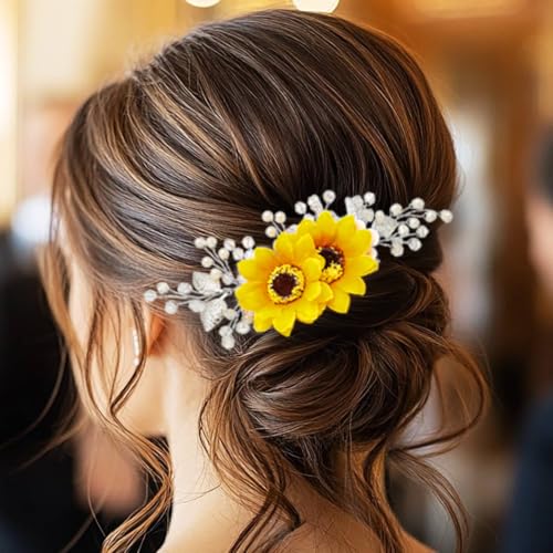 Silver Sunflower Bridal Hair Comb with Pearl & Crystal