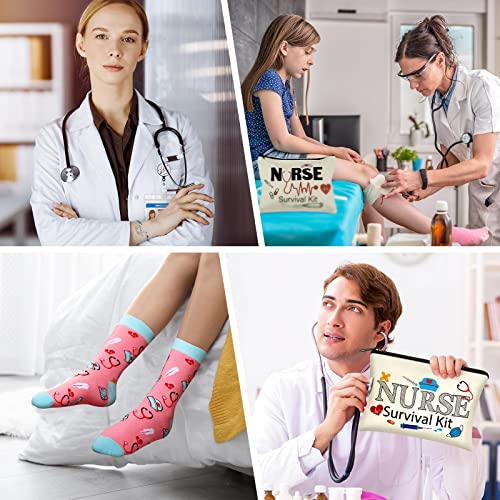 Hotop 36 Pcs Nurse Week Gifts Survival Kit Accessories for Work Badge Reel Makeup Cosmetic Bag Stockings Notepads with Pen Nursing Headbands Buttons Mask Nurses Doctors