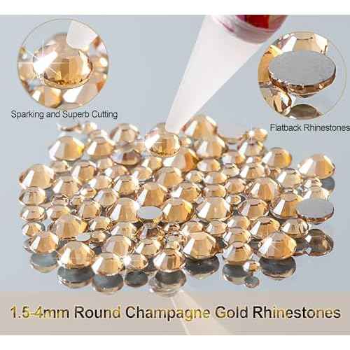 2420pcs Gold Rhinestones for Nails, Round Flatback Champagne Rhinestones Gold Nail Charms for Nails+120 Pcs 3D Multi Shapes Glass Crystal Diamond Nail Gems for Acrylic Decoration