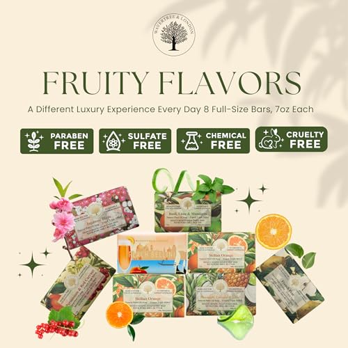 Wavertree & London Assorted Fruity Scents Natural Soap Bars (Pack of 8), 7oz Moisturizing Triple Milled Soap Bars Enriched with Shea Butter and Pure Plant Oils | All Body & Bath Soap