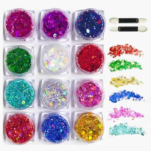 12 Colors Body Face Glitter, Chunky Hair Glitter Gel for Women Kids, Body Makeup for Halloween Party Rave Festival Accessories