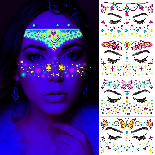Glow in The Dark UV Temporary Tattoos, 8 Sheet Neon Face Stickers