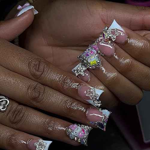 80Pcs Silver Nail Charms Set with Pink Hearts£¬Crosses, Stars,Butterflies, Dollars, Cherries, Crowns,Lollipop Y2k Nail Gems for Women Girls Nail Decorations DIY Craft