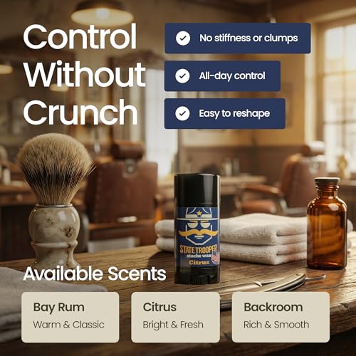 State Trooper Mustache Wax for Men ? Medium Hold with Beeswax, Coconut Oil & Lanolin ? Natural Moustache Grooming & Styling Wax with Citrus Scent - Nourishing Conditioner & Sculpting in a Tube/Stick