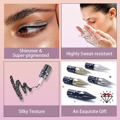 Glitter Eyeliner Liquid 5 Color Set - Waterproof Metallic Shimmer
