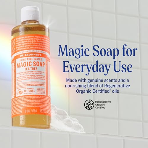 Dr. Bronner's Pure-Castile Magic Soap Liquid (Tea Tree, 32 ounce, 2-Pack) - Made with Regenerative Organic Certified Oils, 18-in-1 Uses: Body, Hair, Laundry & Dishes, Concentrated, Vegan, Non-GMO