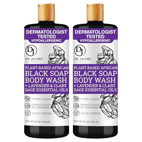 Dr Jacobs Naturals Authentic African Black Liquid Soap with Lavender & Sage Scent All-In-One Face Wash, Sensitive Skin Body Wash, Shampoo, Shaving Soap | Moisturizing and Nourishing Formula 32oz 2pk