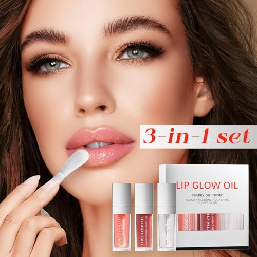 3Pcs Plumping Lip Oil, Lip Glow Oil Tinted Lip Balm Lip Care, Long Lasting Nourishing, Transparent Toot Lip Oil Repairing Lip Lines and Prevents Dry Cracked Lip Plumper (Lip Gloss- C Set)