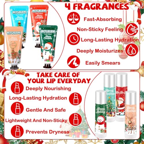 144 Pcs 36 Sets Christmas Hand Cream and Lip Balm Gift Bulk Set,Moisturizing Lip Balm Hand Lotion with Organza Bag Xmas Card, Holiday Birthday Party Favors Stocking Stuffers Gifts for Women