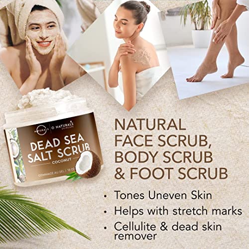 O Naturals Exfoliating Coconut Oil Dead Sea Salt Deep-Cleansing Face & Body Scrub. Anti-Cellulite Tones Helps Oily Skin, Acne, Ingrown Hairs & Dead Skin Remover. Essential Oils, Sweet Almond 18oz