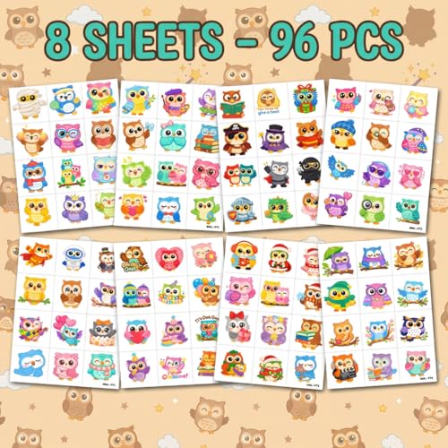 96 Owl Temporary Tattoos for Kids - Cute Cartoon Designs