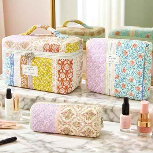 3Pcs Cotton Quilted Makeup Bag for Women Girls, Large Floral Cosmetic Bag Set Cute Makeup Brushes Aesthetic Accessories Storage Bag Travel Toiletry Bag Organizer for Women