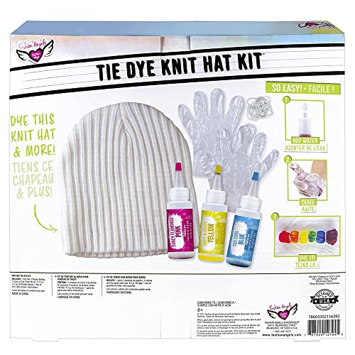 Fashion Angels Tie Dye Knit Hat Kit - 1 One-Size-Fits-Most Knit Cap, 3 Colors of Pre-Measured Dye (Pink, Yellow, Blue), Rubber Bands, Latex Free Gloves - Easy to Do, Mess Free Fun - Ages 8 and Up