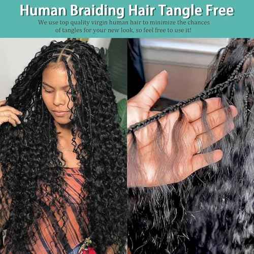 Human Braiding Hair for Boho Braids Human Hair 110g 24 Inch Curly Boho Hair for Braiding Knotless 12A Deep Wave Bohemian 3 Bundles/Pack Natural Color