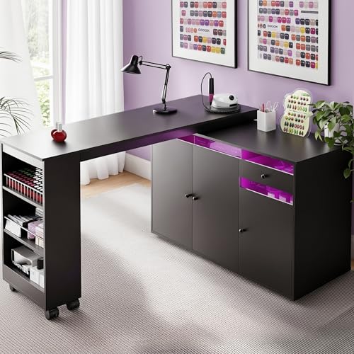 L-Shaped Manicure Table with LED Light, Storage & Rotating Desk
