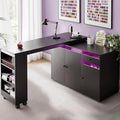 L-Shaped Manicure Table with LED Light, Storage & Rotating Desk
