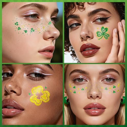 St Patricks Day Temporary Tattoos, 40 Pcs Glitter Shamrock Face Stickers