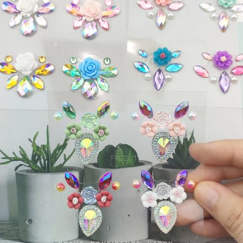 12Pcs Face Gems Stickers, Face Jewels with Diamond, Rhinestones Pearl Spring Flowers Forehead Sticker for Women Girls Decoration Festival Party Self-Adhesive DIY Body Art Decals