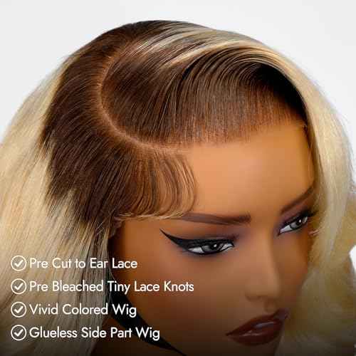 Wiggins Ombre 4/613 Blonde Layered Wig Human Hair 250 Density Body Wave 6x8 Pre Cut Layered Human Hair Wig Side Part Glueless Wigs Pre Plucked Wigs For Black Women Beginner Friendly 18 Inch