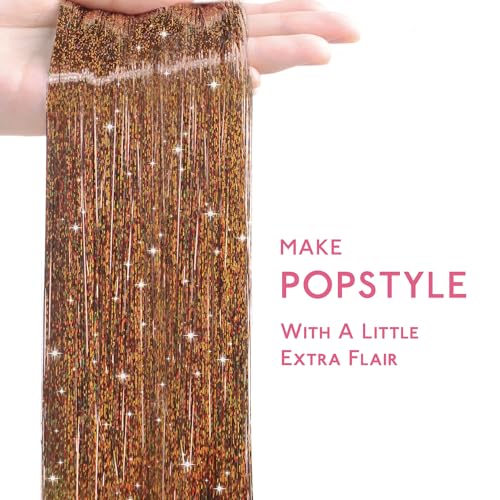 WENNALIFE 48 Inch Golden Brown Fairy Hair Tinsel Kit - 6 Pack, 1200 Strands, Heat-Resistant Glitter Extensions for Girls and Events