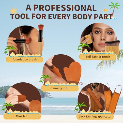 5 in 1 Self Tanner Mitt Applicator Kit - Professional Self Tanning Mitt & Back Applicator, Includes Face Tanner Mitt & Body Brush for Streak-Free, Palm-Free Tan
