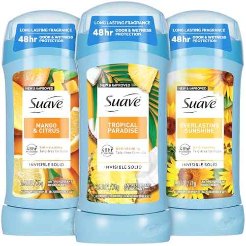 Suave Antiperspirant Deodorant for Women Variety 3-Pack ? Tropical Paradise, Mango & Citrus + Everlasting Sunshine, Anti-Staining Invisible Solid, Talc-Free, 2.7 Oz Ea