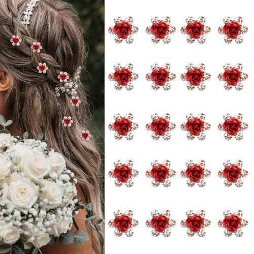 YISSION Red Rhinestone Hair Pins - 20Pcs Mini Rose Barrettes, Decorative Wedding Hair Accessories for Girls Women