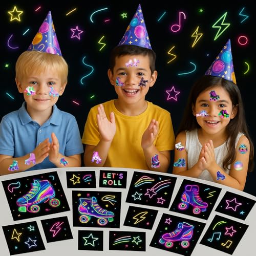 8 Sheets (96PCS) Neon Roller Skate Temporary Tattoos 80s 90s Theme Birthday Party Decorations Supplies Favors Stickers for Kids Girls Boys Gifts Classroom School Prizes Rewards