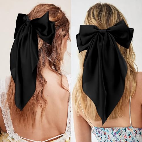 Velscrun 3Pcs Hair Bows for Women Black Hair Bow Big Hair Bows Clips for Girls Silky Satin Large Hair Ribbons Oversized Long Tail Hair Bows Hair Barrettes Hair Accessories Christmas Gifts