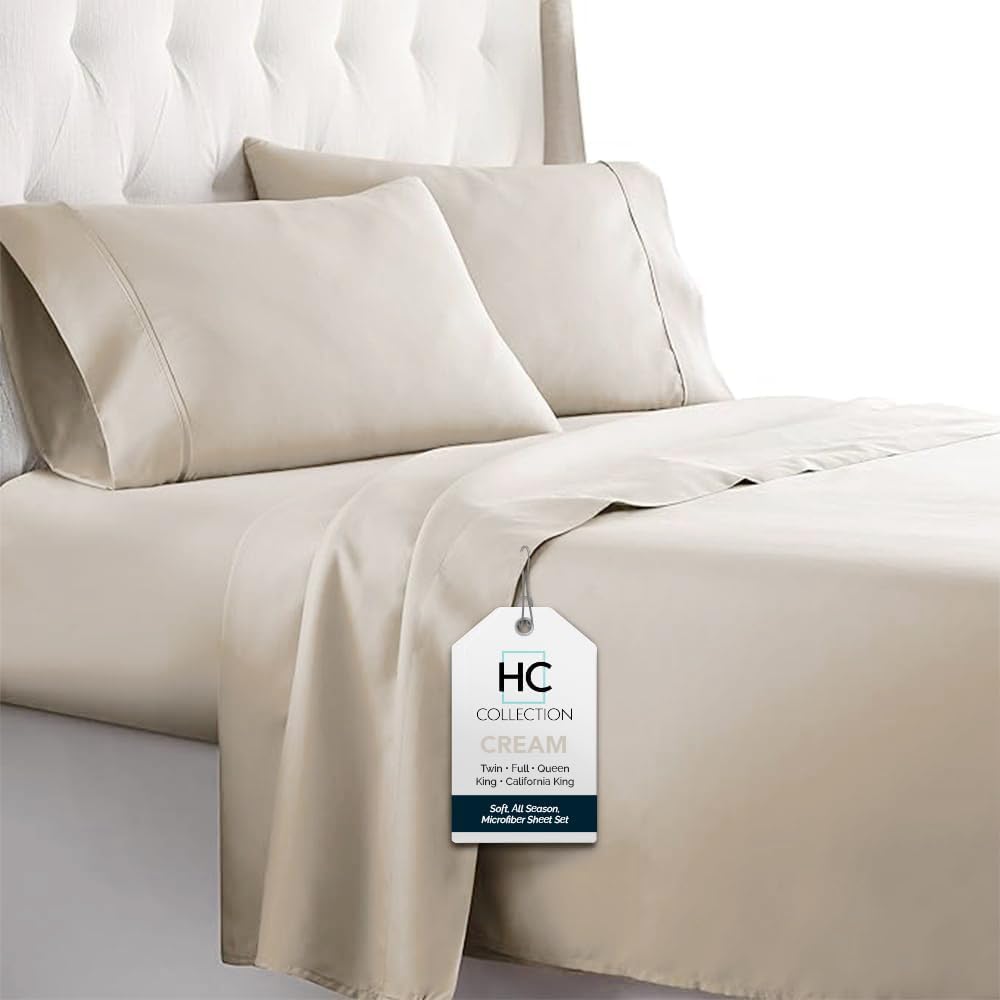 HC COLLECTION Twin Sheets Set, 3 pc Bed Sheets & Pillowcase Set - Machine Washable for Easy Care - Soft & Breathable All Season Microfiber Sheets with Deep Pockets - Cream