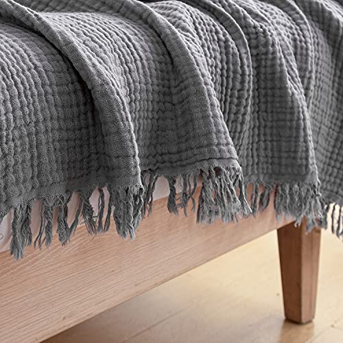 EMME Muslin Throw Blanket 100% Cotton Throw Blankets for Couch Breathable Gauze Blanket with Tassel All Season Soft and Lightweight Pre-Washed Cotton Blanket (Grey, 50"x60")