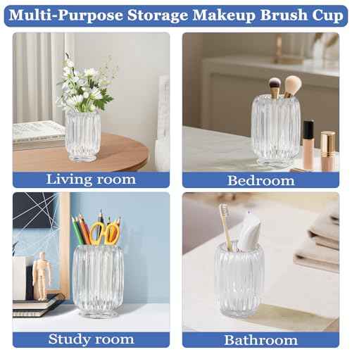 Makeup Brush Holder, Thick Glass Makeup Brush Organizer Cup, 4.8" Tall for Vanity Hair Brush Holder Brushes Storage, Makeup Brush Holder Organizer organizador de brochas de maquillaje Crystal Clear