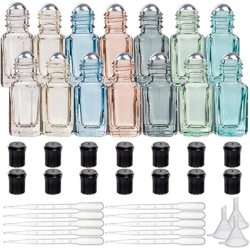 BENECREAT 14 Packs 3ml Multi-color Travel Essential Oil Roller Bottle Mini Glass Cosmetic Vials with Opener, Dropper and Funnel for Essential Oils Perfumes Aromatherapy