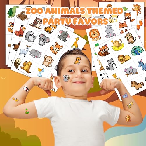 96 PCS Zoo Animal Temporary Tattoos for Kids (8 Sheets)