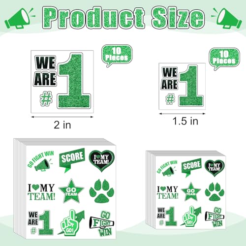 Colarr 180 Pcs Green and Black Team Spirit Temporary Tattoo 2", 1.5" Face Body Paw Go Team Cheer Tattoo Removable Glitter School Spirit Stickers for Classroom Cheerleading Football Sports Games