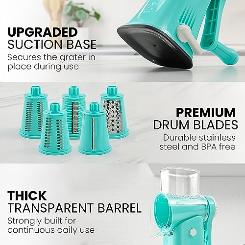 Zulay Rotary Cheese Grater 5 Blade Cheese Shredder - Manual Hand Crank Cheese Grater With Reinforced Suction & 5 Interchangeable Drums - Easy to Use Vegetable Chopper - Calm Teal