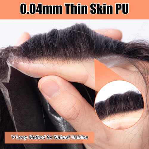 CARA Human Hair Toupee for Men, 8 x 10 inches, Ultra Thin Skin 0.04mm, V-loop, Medium Light Density, Color 1b (8X10 Exquisite box packaging)