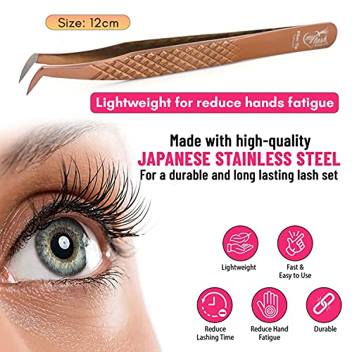 My Lash Tools Fiber Tip Lash Tweezers for Eyelash Extensions Professional Lash Tech Supplies Must Haves Volume Boot Eyelash Tweezers 12cm Stainless Steel Mink Fan Making Lashing Tweezer (Rose Gold)