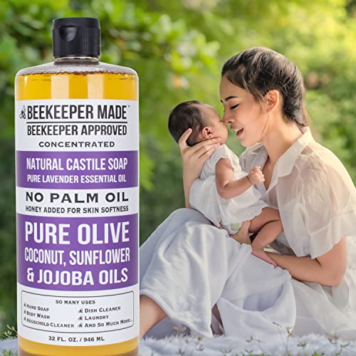 Beekeeper Made Natural Castile Soap, 32 fl oz | No Palm Oil, 8 Ingredients, Pure Olive, Coconut, & Sunflower Oils, GMO Free, For Sensitive Skin, Made in the USA (Lavender)