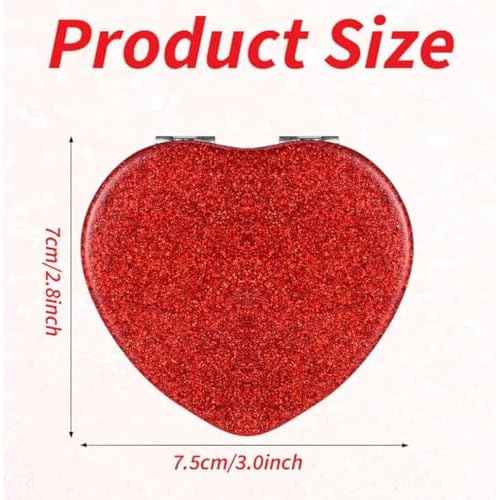 Red Heart Shaped Compact Mirror for Purse,1x/2x Magnification Cute Travel Mirror with Glitter,2.76 inch Double-Sided Mini Folding Mirror,Small Pocket Mirror for Gift,Travel Essentials