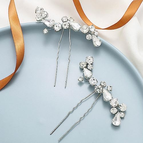 Easedaily Bride Wedding Hair Pins Silver Crystal Bridal Hair Pieces Rhinestone Hair Accessories for Women and Girls (pack of 2) (A-Silver)