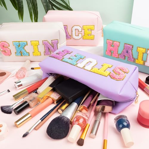 ZAUGONTW 4Pcs Large Cosmetic Bag Preppy Makeup Bag Chenille Letter, PU Leather Waterproof Travel Organizer Hair Bags with Nylon Zipper Patches Makeup Organizer Bags Set for Women Girls