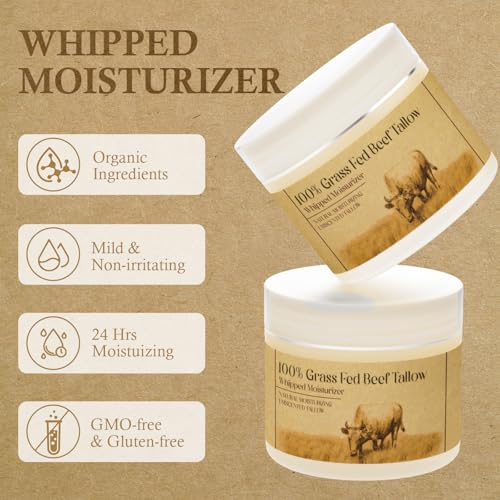 Beef Tallow for Skin, Beef Tallow for Face,Unscented Natural Face Moisturizer, Whipped Tallow Balm, Deeply Moisturizes and Soothes the Skin, 1.7 OZ