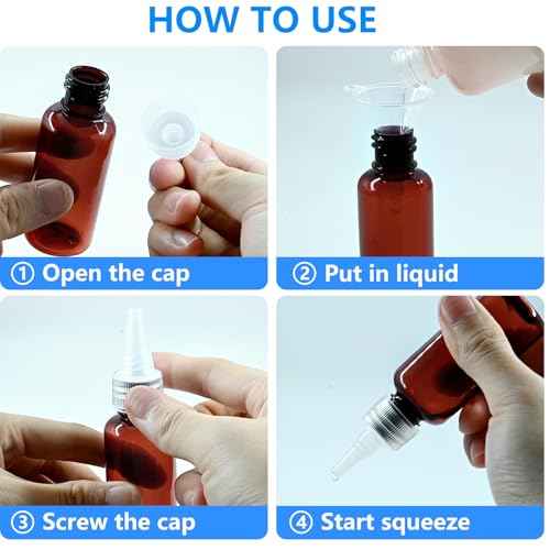 4 Pack 1 Oz (30ml) Amber Plastic Essential Oil Bottles with Funnel, Labels for Liquid Storage - No Droppers Needed